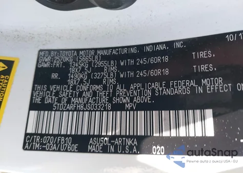 2018 Toyota Highlander Le z USA, uszkodzony, nr VIN 5TDZARFH8JS033218